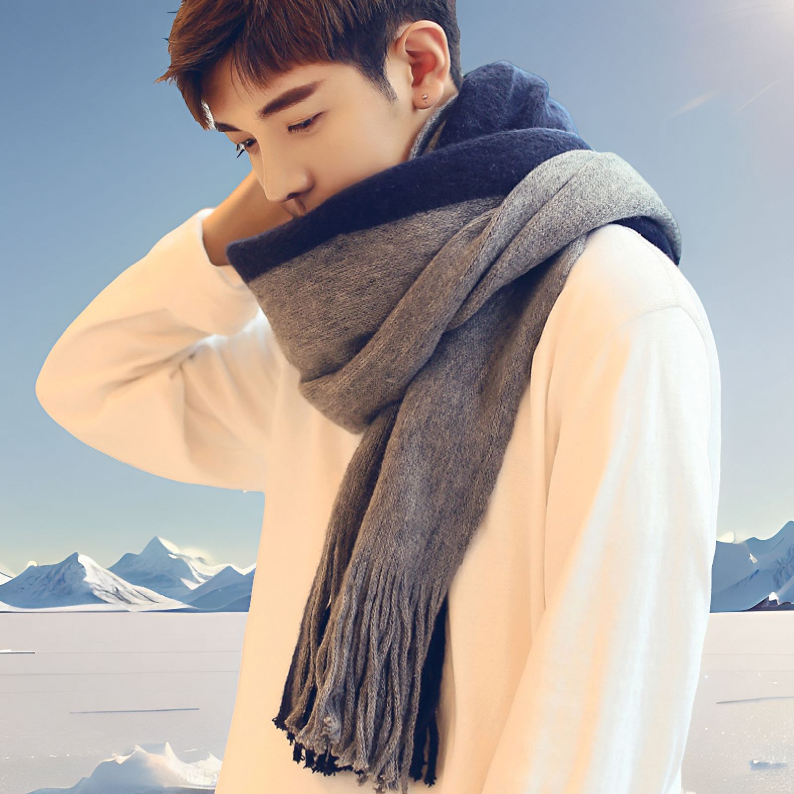 Wool Scarf Men - Designer Patchwork Patchwork Striped Men's Knitted